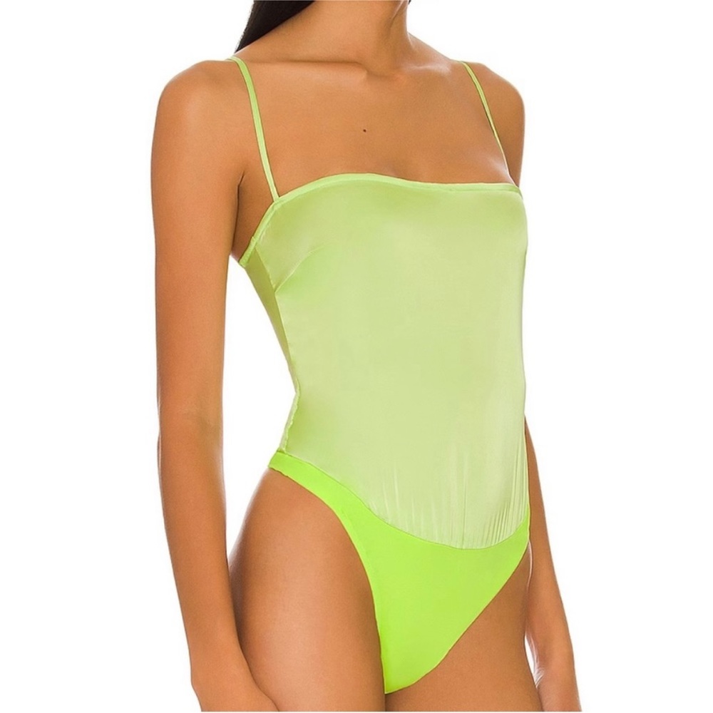 NWT WeWoreWhat Neon Green Strappy Satin Chiffon Bodysuit - Small
